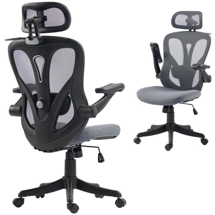 Chaise Bureau Ergonomique avec Accoudoirs 3D et Appui-Tête Réglable, Fauteuil de Bureau en Maille, Gris