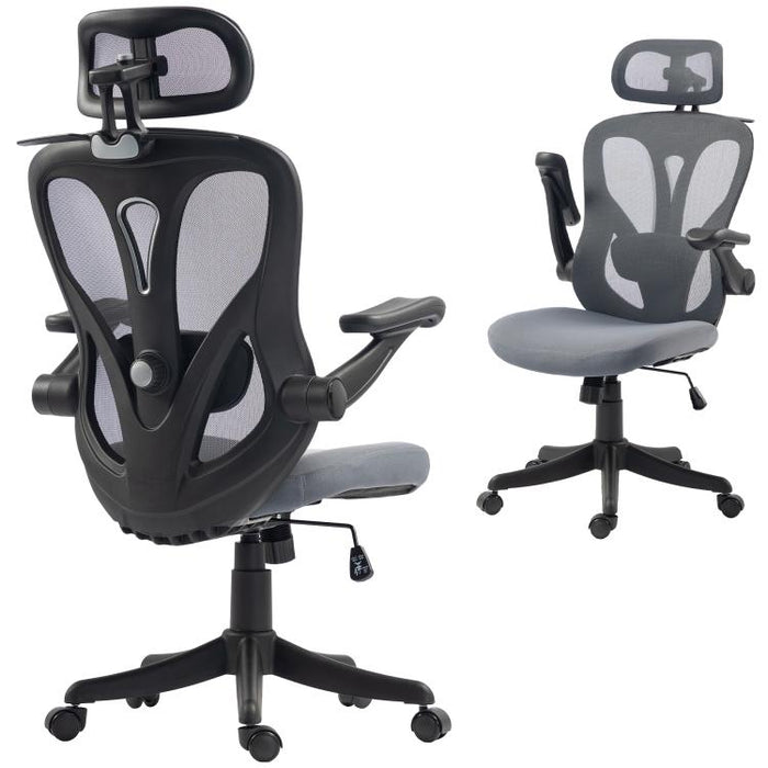 Chaise Bureau Ergonomique avec Accoudoirs 3D et Appui-Tête Réglable, Fauteuil de Bureau en Maille, Gris