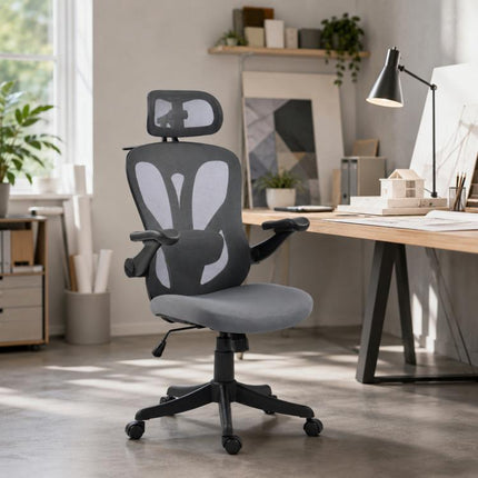 Chaise Bureau Ergonomique avec Accoudoirs 3D et Appui-Tête Réglable, Fauteuil de Bureau en Maille, Gris