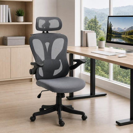 Chaise Bureau Ergonomique avec Accoudoirs 3D et Appui-Tête Réglable, Fauteuil de Bureau en Maille, Gris