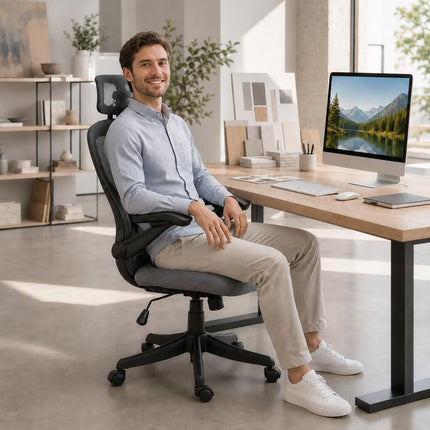 Chaise Bureau Ergonomique avec Accoudoirs 3D et Appui-Tête Réglable, Fauteuil de Bureau en Maille, Gris