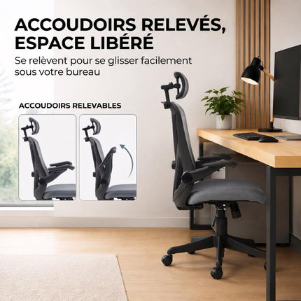 Chaise Bureau Ergonomique avec Accoudoirs 3D et Appui-Tête Réglable, Fauteuil de Bureau en Maille, Gris