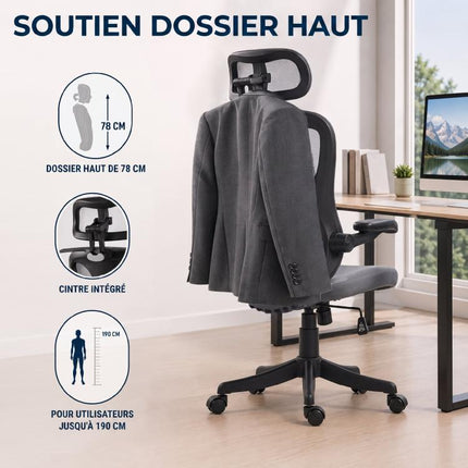 Chaise Bureau Ergonomique avec Accoudoirs 3D et Appui-Tête Réglable, Fauteuil de Bureau en Maille, Gris
