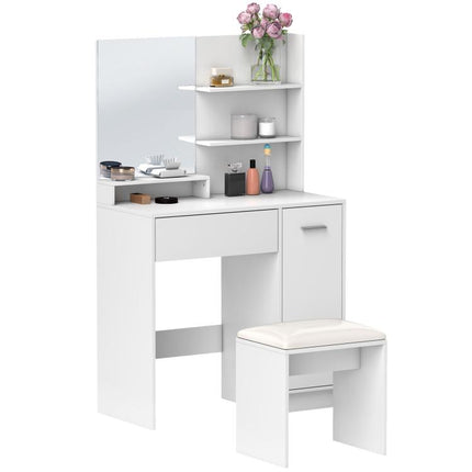 Bedroom vanity set with mirror, stool, drawer, and cabinet with adjustable shelf (80W x 40D x 132H cm) – White