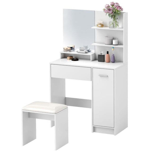 Bedroom vanity set with mirror, stool, drawer, and cabinet with adjustable shelf (80W x 40D x 132H cm) – White
