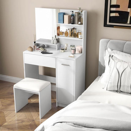 Bedroom vanity set with mirror, stool, drawer, and cabinet with adjustable shelf (80W x 40D x 132H cm) – White