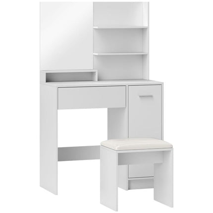 Bedroom vanity set with mirror, stool, drawer, and cabinet with adjustable shelf (80W x 40D x 132H cm) – White