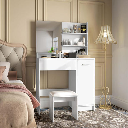 Bedroom vanity set with mirror, stool, drawer, and cabinet with adjustable shelf (80W x 40D x 132H cm) – White