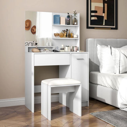 Bedroom vanity set with mirror, stool, drawer, and cabinet with adjustable shelf (80W x 40D x 132H cm) – White