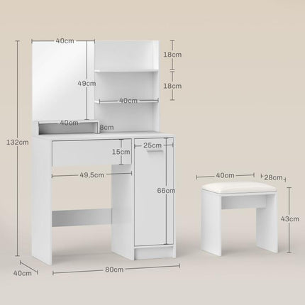 Bedroom vanity set with mirror, stool, drawer, and cabinet with adjustable shelf (80W x 40D x 132H cm) – White