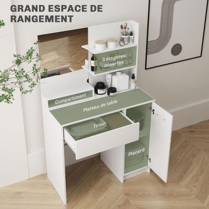 Bedroom vanity set with mirror, stool, drawer, and cabinet with adjustable shelf (80W x 40D x 132H cm) – White