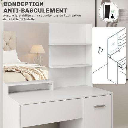 Bedroom vanity set with mirror, stool, drawer, and cabinet with adjustable shelf (80W x 40D x 132H cm) – White