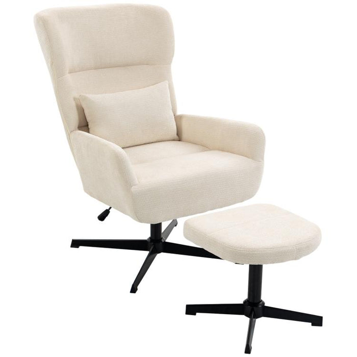 360° drehbarer Loungesessel mit Hocker, h?henverstellbar, Chenille-Bezug, mit Lendenkissen, Cremewei?