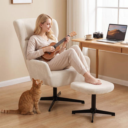 360° drehbarer Loungesessel mit Hocker, h?henverstellbar, Chenille-Bezug, mit Lendenkissen, Cremewei?