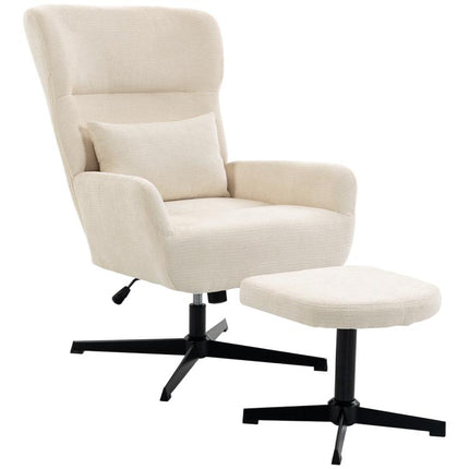 360° drehbarer Loungesessel mit Hocker, h?henverstellbar, Chenille-Bezug, mit Lendenkissen, Cremewei?