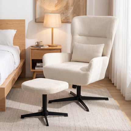 360° drehbarer Loungesessel mit Hocker, h?henverstellbar, Chenille-Bezug, mit Lendenkissen, Cremewei?