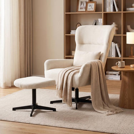 360° drehbarer Loungesessel mit Hocker, h?henverstellbar, Chenille-Bezug, mit Lendenkissen, Cremewei?