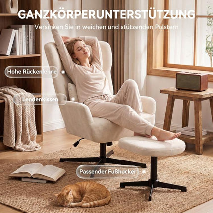 360° drehbarer Loungesessel mit Hocker, h?henverstellbar, Chenille-Bezug, mit Lendenkissen, Cremewei?