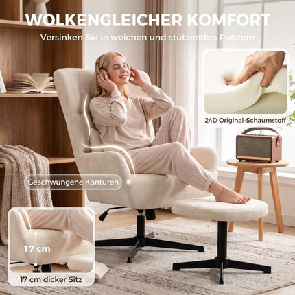 360° drehbarer Loungesessel mit Hocker, h?henverstellbar, Chenille-Bezug, mit Lendenkissen, Cremewei?