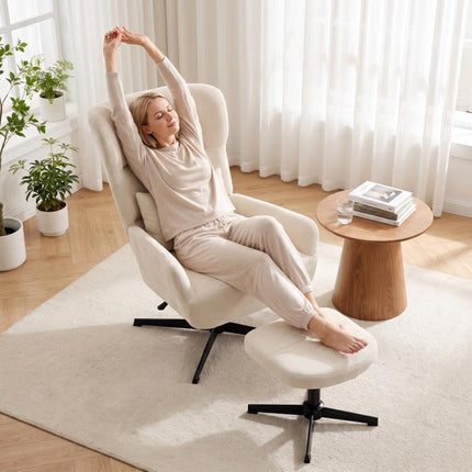 360° drehbarer Loungesessel mit Hocker, h?henverstellbar, Chenille-Bezug, mit Lendenkissen, Cremewei?