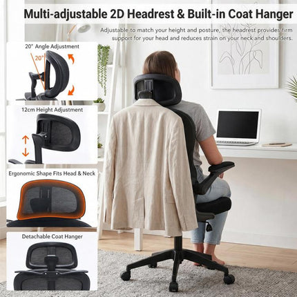 Ergonomic Mesh Office Chair with Adjustable Lumbar Support Adjustable Headrest, Double Lumbar Support, Flip?Up Armrests, Adjustable Height Rocking Desk Chair with Coat Hanger