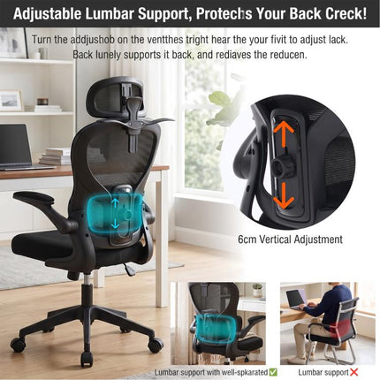 Ergonomic Mesh Office Chair with Adjustable Lumbar Support Adjustable Headrest, Double Lumbar Support, Flip?Up Armrests, Adjustable Height Rocking Desk Chair with Coat Hanger