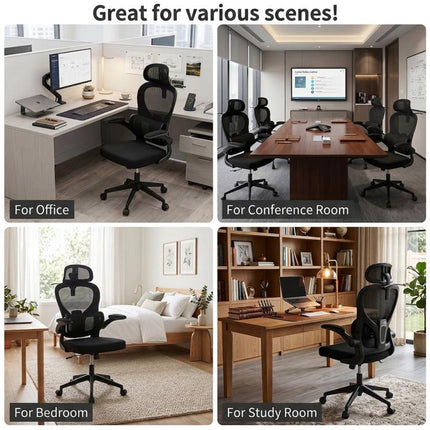 Ergonomic Mesh Office Chair with Adjustable Lumbar Support Adjustable Headrest, Double Lumbar Support, Flip?Up Armrests, Adjustable Height Rocking Desk Chair with Coat Hanger