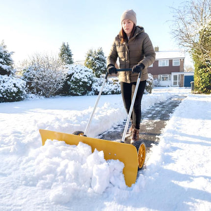 37-Inch Extra Wide Snow Shovel with Wheels, Heavy Duty Aluminum Snow Pusher with Ergonomic Adjustable Handle, Yellow