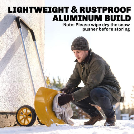 37-Inch Extra Wide Snow Shovel with Wheels, Heavy Duty Aluminum Snow Pusher with Ergonomic Adjustable Handle, Yellow