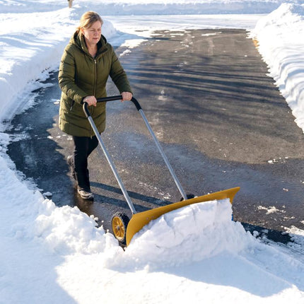 37-Inch Extra Wide Snow Shovel with Wheels, Heavy Duty Aluminum Snow Pusher with Ergonomic Adjustable Handle, Yellow