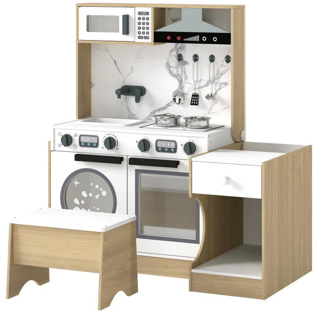 Play Kitchen Set for Kids, 2-in-1 Convertible Table and Chair Set, Kitchen Playset with Sink, Oven, Accessories for 3-8