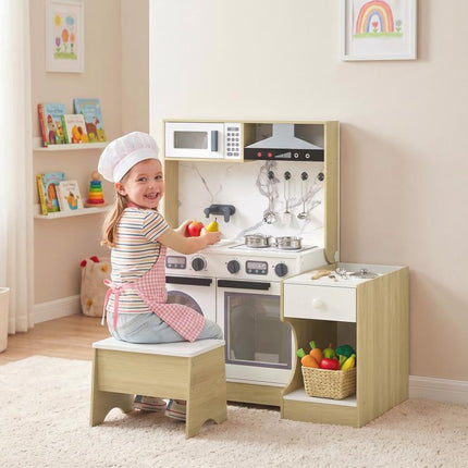 Play Kitchen Set for Kids, 2-in-1 Convertible Table and Chair Set, Kitchen Playset with Sink, Oven, Accessories for 3-8