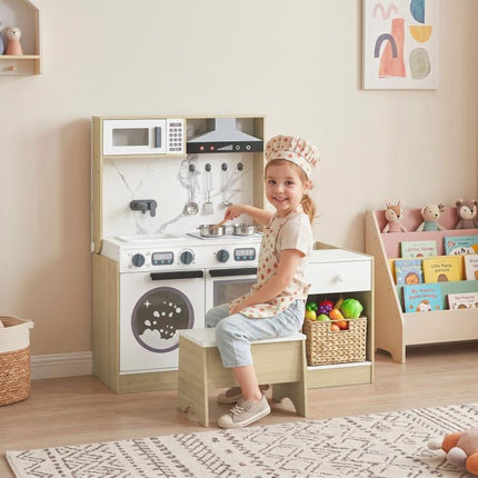 Play Kitchen Set for Kids, 2-in-1 Convertible Table and Chair Set, Kitchen Playset with Sink, Oven, Accessories for 3-8