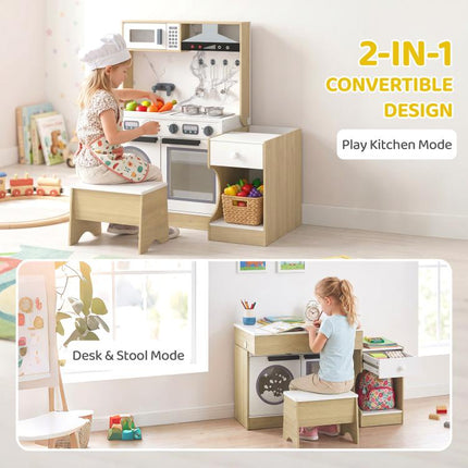 Play Kitchen Set for Kids, 2-in-1 Convertible Table and Chair Set, Kitchen Playset with Sink, Oven, Accessories for 3-8