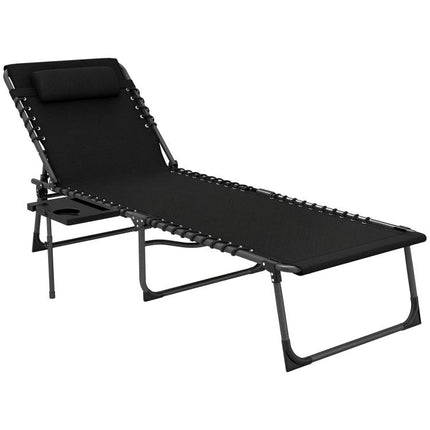 Folding Outdoor Chaise Lounge Chair Tanning Chair with 5-Level Adjustable Back, Side Table, Pillow, Pocket, Black