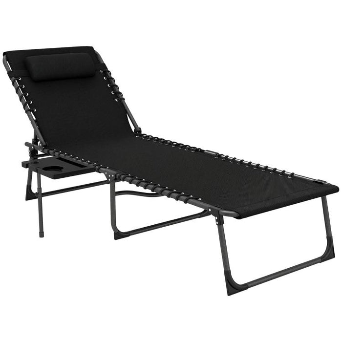 Folding Outdoor Chaise Lounge Chair Tanning Chair with 5-Level Adjustable Back, Side Table, Pillow, Pocket, Black