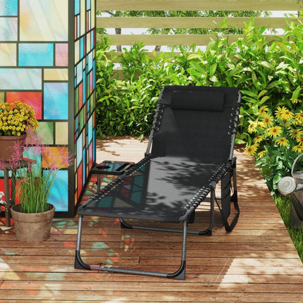 Folding Outdoor Chaise Lounge Chair Tanning Chair with 5-Level Adjustable Back, Side Table, Pillow, Pocket, Black