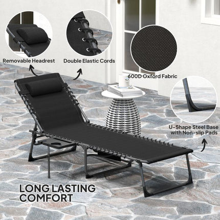 Folding Outdoor Chaise Lounge Chair Tanning Chair with 5-Level Adjustable Back, Side Table, Pillow, Pocket, Black