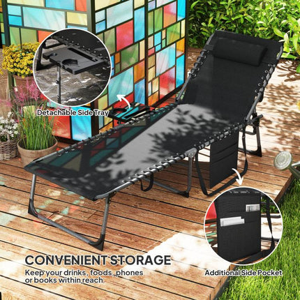 Folding Outdoor Chaise Lounge Chair Tanning Chair with 5-Level Adjustable Back, Side Table, Pillow, Pocket, Black