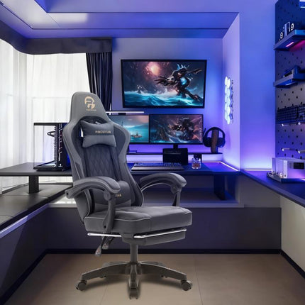 Ergonomic Gaming Chair with Footrest and Lumbar Support, High Back Reclining PU Leather Computer Chair with Headrest and Linkage Armrests, Swivel Height Adjustable Office Gamer Chair for Adults (Gray)