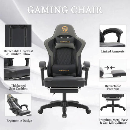 Ergonomic Gaming Chair with Footrest and Lumbar Support, High Back Reclining PU Leather Computer Chair with Headrest and Linkage Armrests, Swivel Height Adjustable Office Gamer Chair for Adults (Gray)