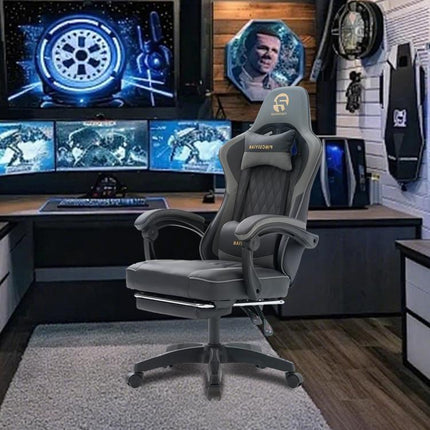 Ergonomic Gaming Chair with Footrest and Lumbar Support, High Back Reclining PU Leather Computer Chair with Headrest and Linkage Armrests, Swivel Height Adjustable Office Gamer Chair for Adults (Gray)