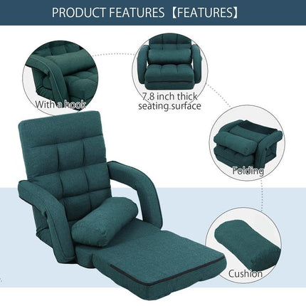 14-Position Adjustable Floor Chair, Chaise Lounge Indoor, Folding Lazy Sofa with Armrests and a Pillow Padded Adults Gaming Chairs for Living Room, Bedroom Factory Price (Green) 8803GN