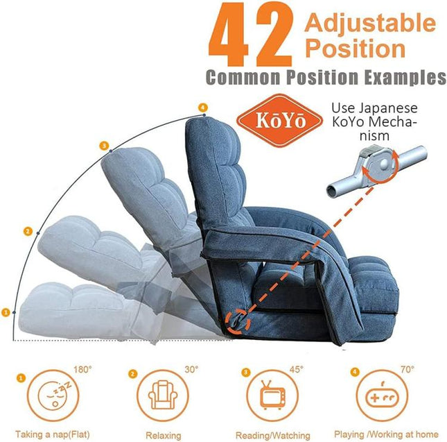 14-Position Adjustable Floor Chair, Chaise Lounge Indoor, Folding Lazy Sofa with Armrests and a Pillow Padded Adults Gaming Chairs for Living Room, Bedroom Factory Price (Blue) 8803BL