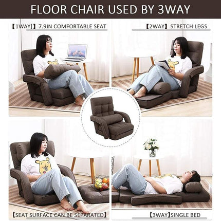 14-Position Adjustable Floor Chair, Chaise Lounge Indoor, Folding Lazy Sofa with Armrests and a Pillow Padded Adults Gaming Chairs for Living Room, Bedroom Factory Price (Brown) 8803CO