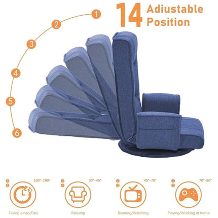 360 Degrees Swivel Floor Chair for Adults, 14-Position Adjustable Folding Floor Lounger with Armrests for Reading, Gaming & Relaxing
