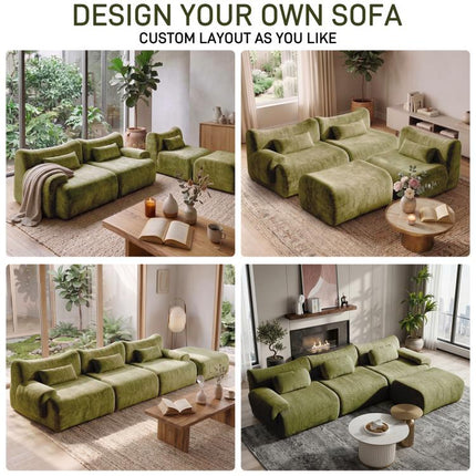 126in Sectional Boneless Couch, L Shaped Convertible Modular Sofa, 4-Seater Oversized Couches with 3 Throw Pillows for Living Room, Apartment, No Assembly (Green)