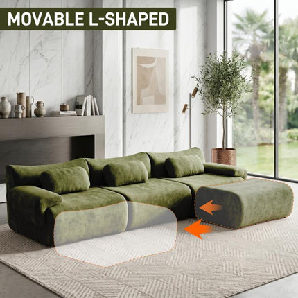 126in Sectional Boneless Couch, L Shaped Convertible Modular Sofa, 4-Seater Oversized Couches with 3 Throw Pillows for Living Room, Apartment, No Assembly (Green)