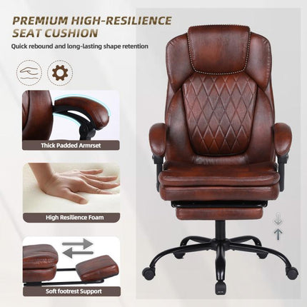Big and Tall Office Desk Chair, Executive Office Chair with Foot Rest, PU Leather Comfy Reclining Office Chairs for Heavy People, Wide Ergonomic High-Back Computer Chairs, Brown