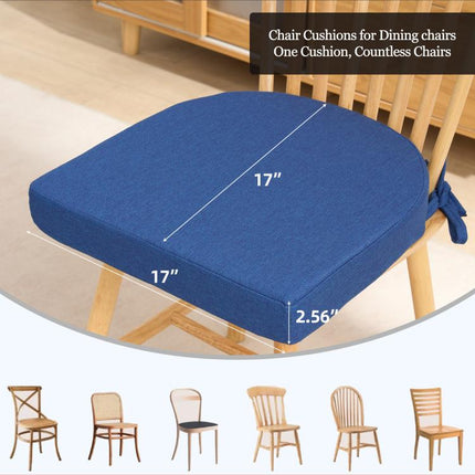 Chair Cushions for Dining Chairs Set of 2, D-Shaped Seat Cushion for Kitchen Chairs with Removable Cover and Ties, Indoor Chair Pads for Dining Room, Kitchen, 17 inch x 17 inch x 2.56 inch, Blue